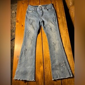 BAMBOO Light Blue Embroidered Cross Flare Jeans